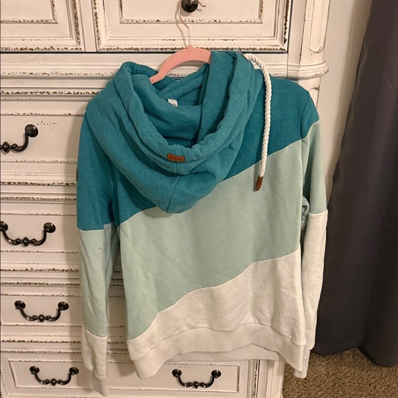 Wanakome Teal and White Cowl Neck Sweater - Picture 2 of 3